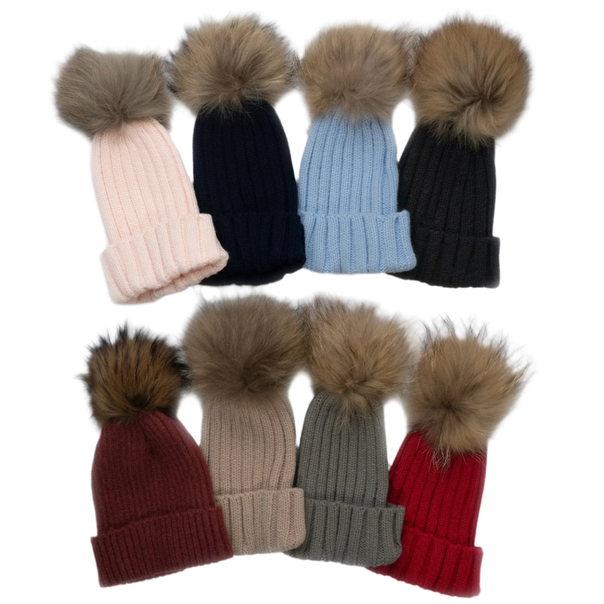 Gorro con Pompon de pelo de Mapache Vino